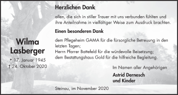 Traueranzeige von Wilma Lasberger von FZ