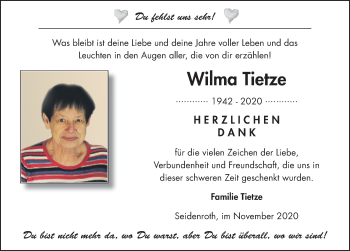 Traueranzeige von Wilma Tietze von FZ