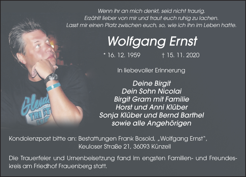  Traueranzeige für Wolfgang Ernst vom 28.11.2020 aus FZ