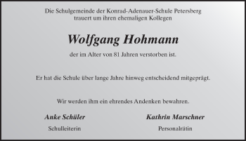 Traueranzeige von Wolfgang Hohmann von FZ
