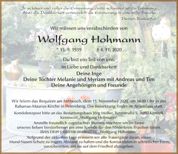 Traueranzeige von Wolfgang Hohmann von FZ