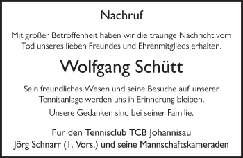 Traueranzeige von Wolfgang Schütt von FZ