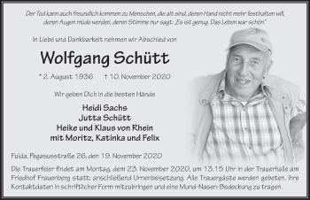 Traueranzeige von Wolfgang Schütt von FZ