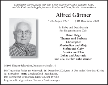 Traueranzeige von Alfred Gärtner von FZ