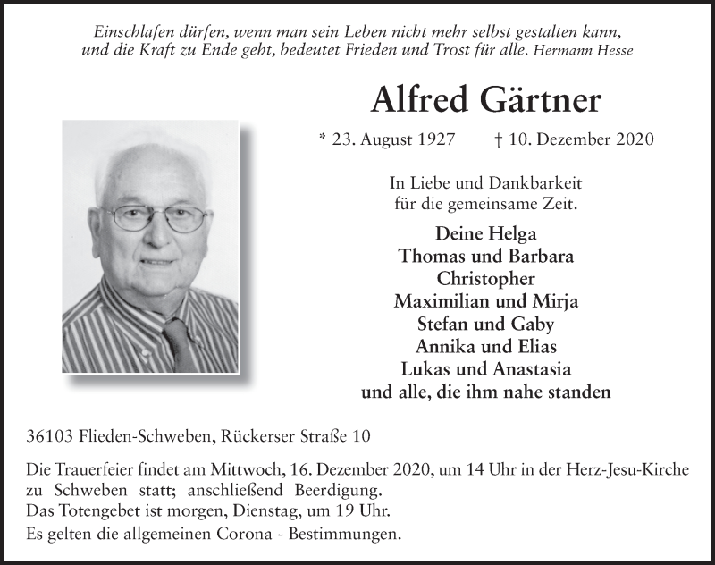 Traueranzeige für Alfred Gärtner vom 14.12.2020 aus FZ