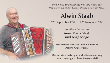 Traueranzeige von Alwin Staab von FZ