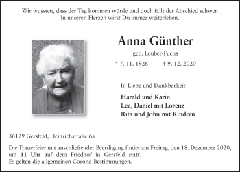 Traueranzeige von Anna Günther von FZ