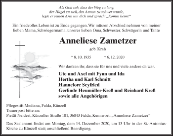 Traueranzeige von Anneliese Zametzer von FZ