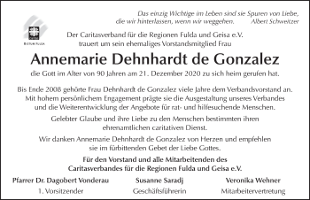 Traueranzeige von Annemarie Dehnhardt de Gonzales von FZ