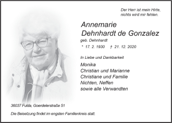 Traueranzeige von Annemarie Dehnhardt de Gonzalez von FZ