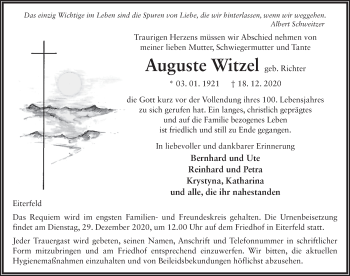 Traueranzeige von Auguste Witzel von FZ