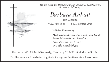 Traueranzeige von Barbara Anhalt von FZ