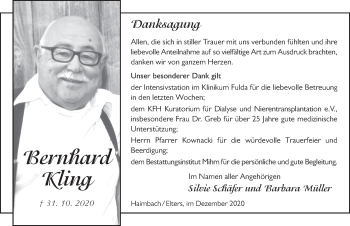 Traueranzeige von Bernhard Kling von FZ