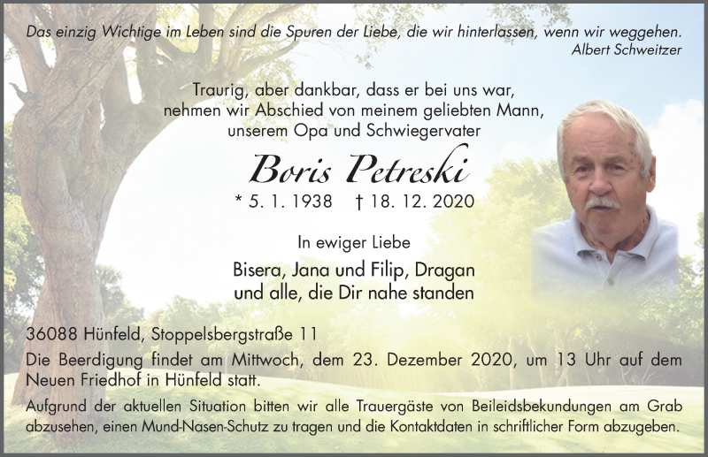  Traueranzeige für Boris Petreski vom 22.12.2020 aus FZ