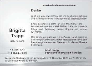 Traueranzeige von Brigitta Trapp von FZ
