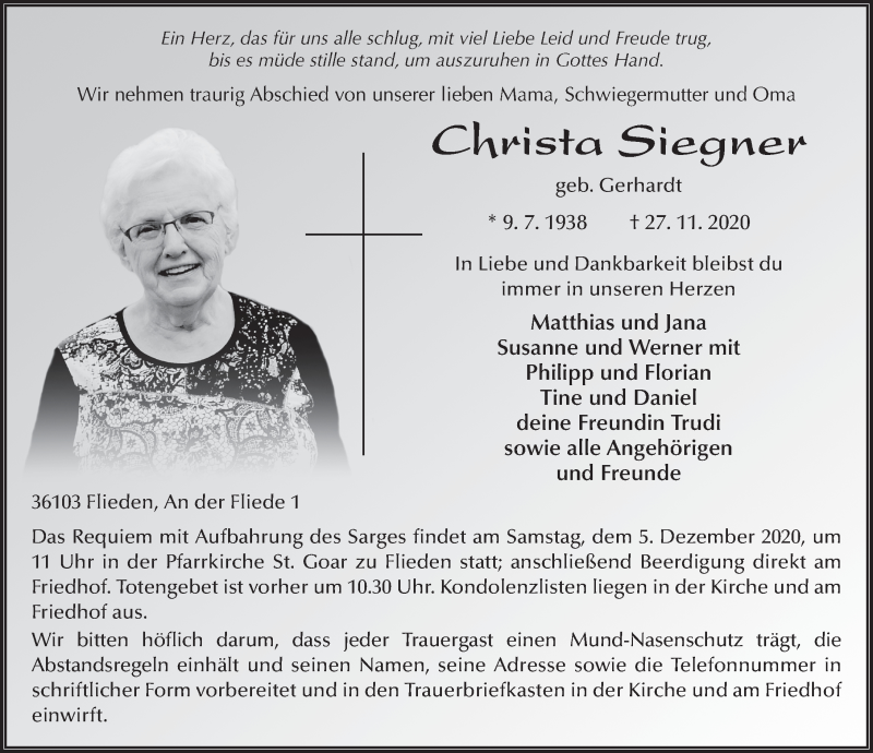  Traueranzeige für Christa Siegner vom 02.12.2020 aus FZ