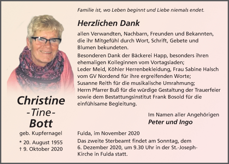  Traueranzeige für Christine Bott vom 04.12.2020 aus FZ