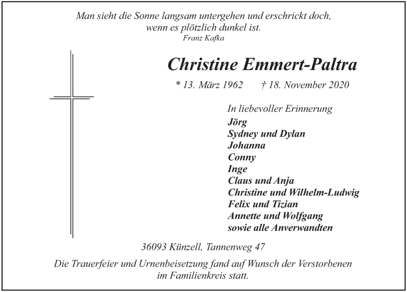  Traueranzeige für Christine Emmert-Paltra vom 12.12.2020 aus FZ