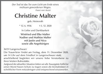 Traueranzeige von Christine Malter von FZ