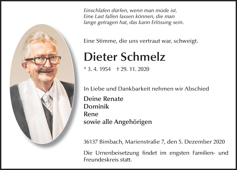  Traueranzeige für Dieter Schmelz vom 05.12.2020 aus FZ