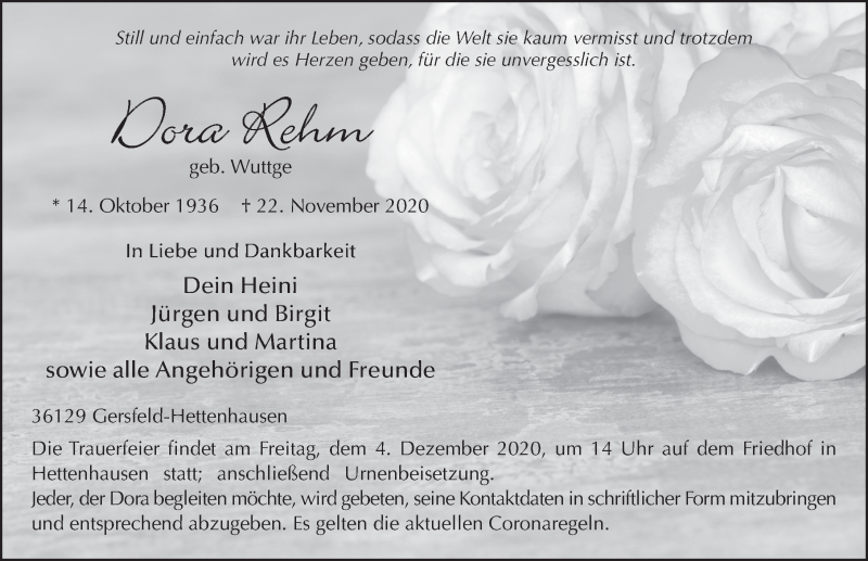 Traueranzeige für Dora Rehm vom 02.12.2020 aus FZ