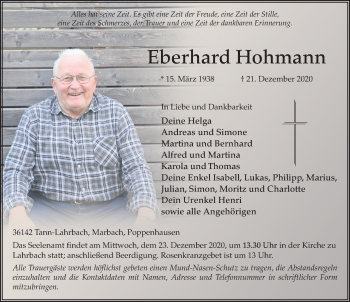 Traueranzeige von Eberhard Hohmann von FZ
