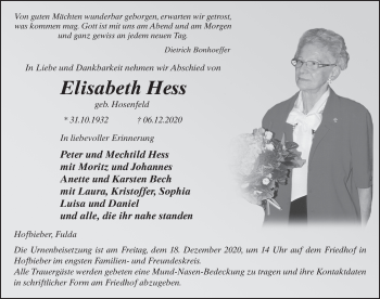 Traueranzeige von Elisabeth Hess von FZ