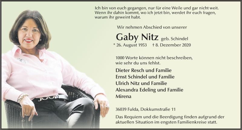  Traueranzeige für Gabriele Nitz vom 12.12.2020 aus FZ