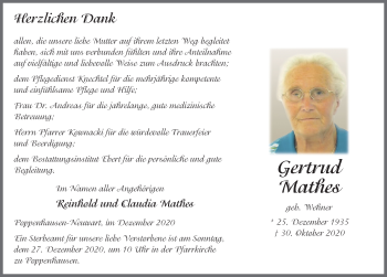 Traueranzeige von Gertrud Mathes von FZ