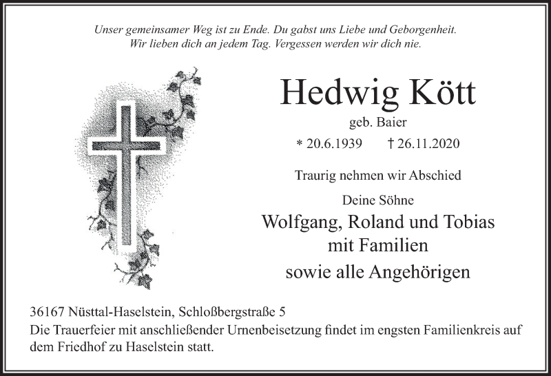  Traueranzeige für Hedwig Kött vom 07.12.2020 aus FZ