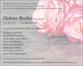 Traueranzeige von Helene Becker von FZ