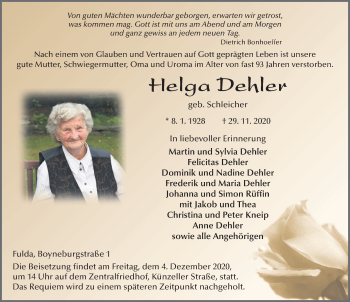 Traueranzeige von Helga Dehler von FZ