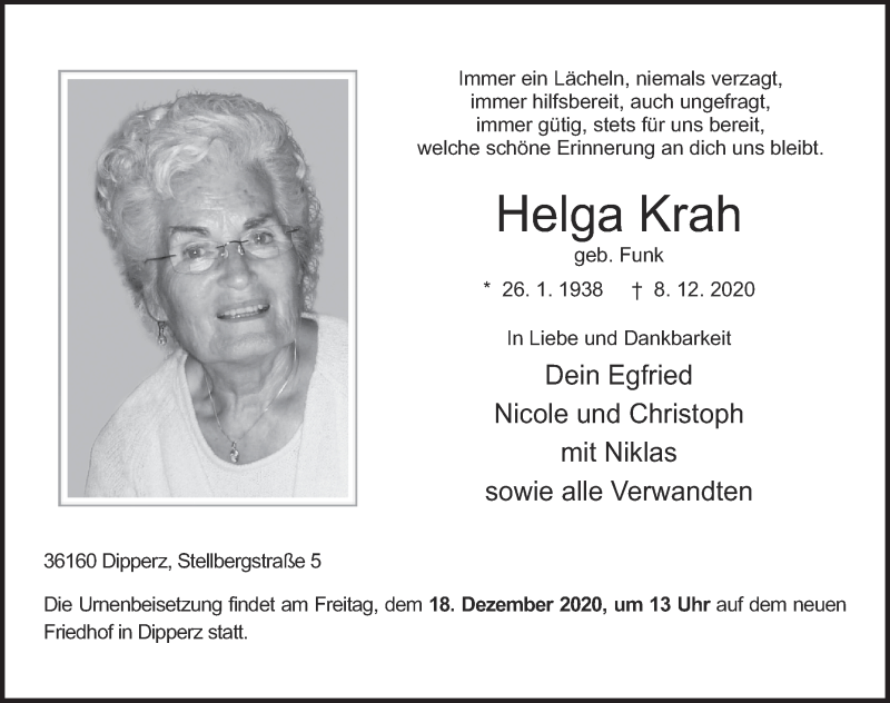  Traueranzeige für Helga Krah vom 12.12.2020 aus FZ