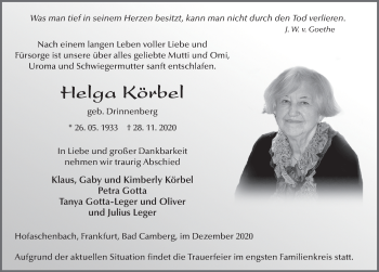 Traueranzeige von Helga Körbel von FZ