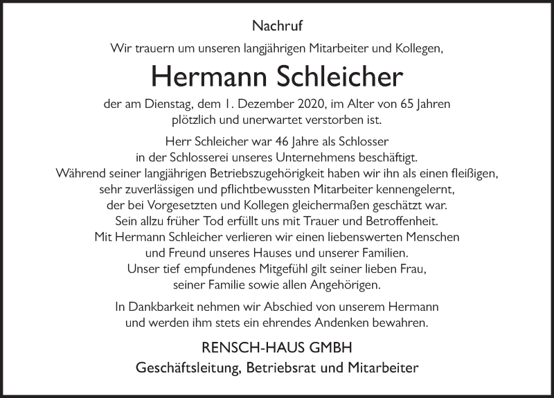  Traueranzeige für Hermann Schleicher vom 04.12.2020 aus FZ
