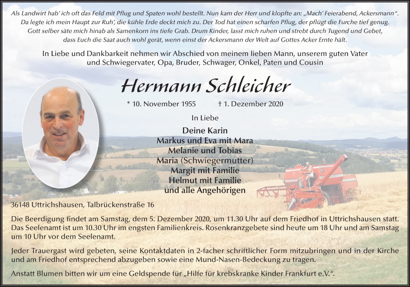  Traueranzeige für Hermann Schleicher vom 03.12.2020 aus FZ
