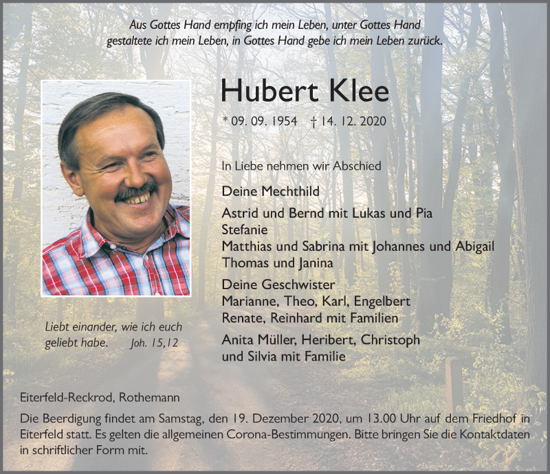  Traueranzeige für Hubert Klee vom 18.12.2020 aus FZ
