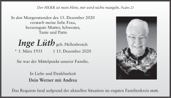 Traueranzeige von Inge Lüth von FZ