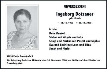 Traueranzeige von Ingeborg Dotzauer von FZ