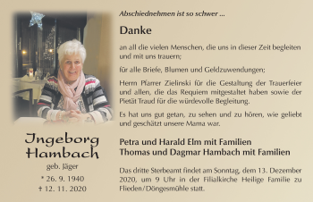 Traueranzeige von Ingeborg Hambach von FZ