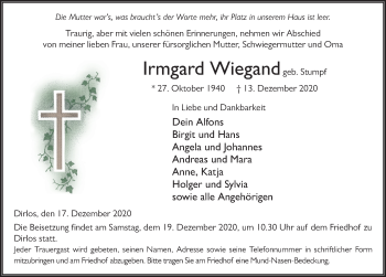 Traueranzeige von Irmgard Wiegand von FZ