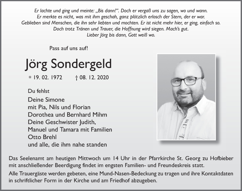  Traueranzeige für Jörg Sondergeld vom 16.12.2020 aus FZ