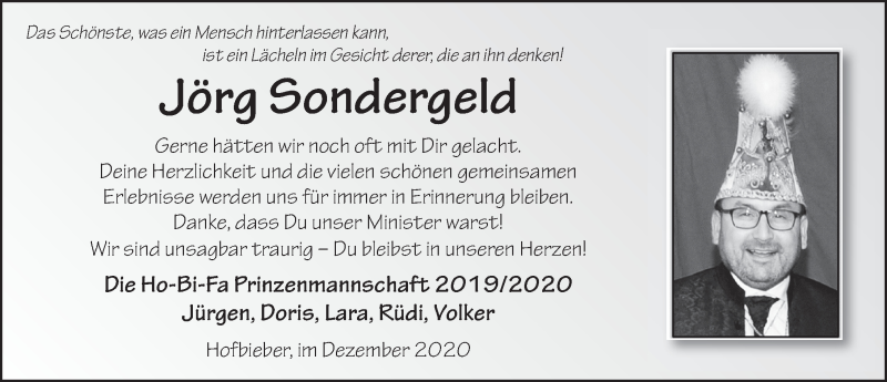  Traueranzeige für Jörg Sondergeld vom 16.12.2020 aus FZ