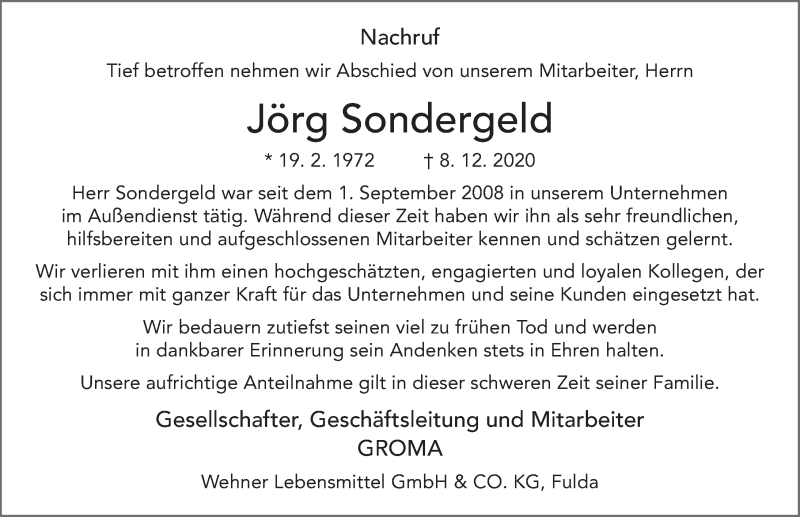  Traueranzeige für Jörg Sondergeld vom 16.12.2020 aus FZ