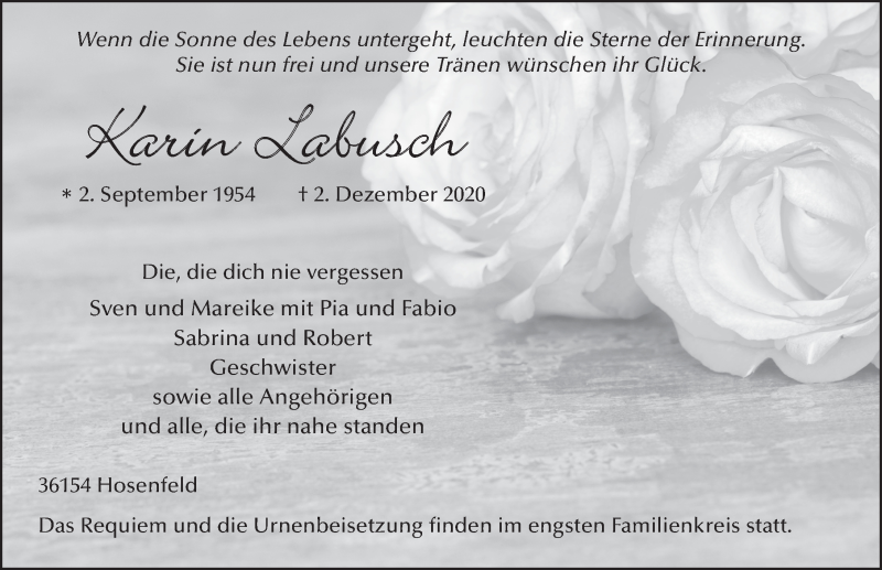  Traueranzeige für Karin Labusch vom 18.12.2020 aus FZ