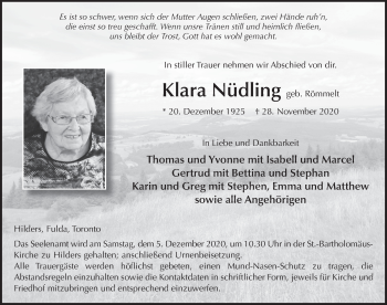 Traueranzeige von Klara Nüdling von FZ