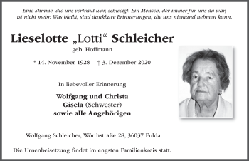 Traueranzeige von Lieselotte Schleicher von FZ