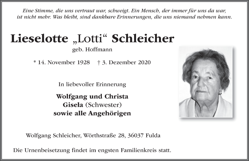  Traueranzeige für Lieselotte Schleicher vom 09.12.2020 aus FZ