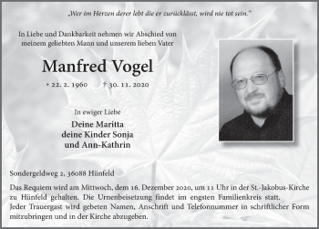 Traueranzeige von Manfred Vogel von FZ