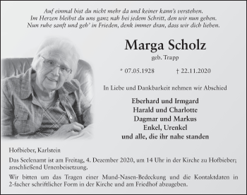 Traueranzeige von Marga Scholz von FZ